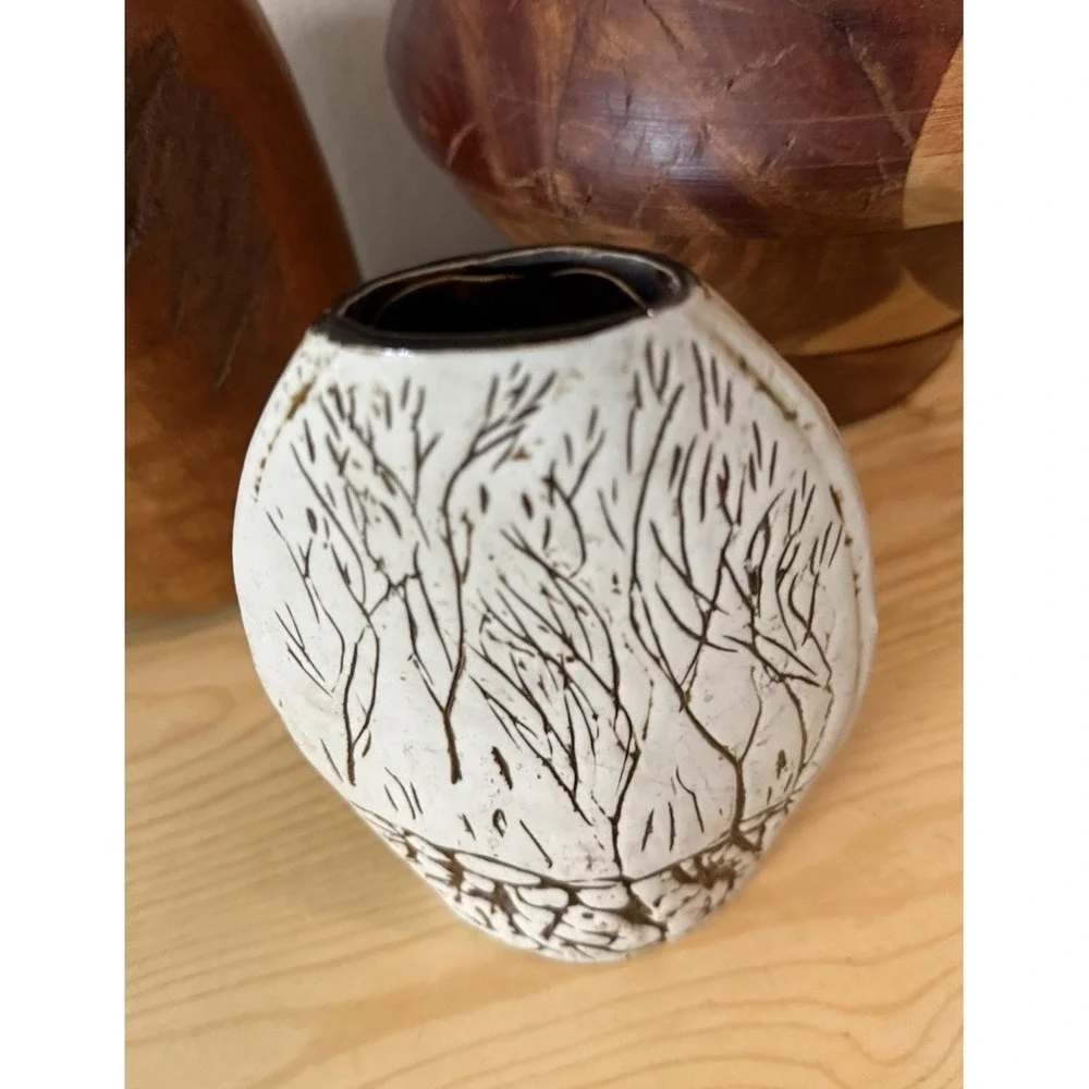 Vintage Tenmoku Handmade Vase Branch Design Flat Oval Shaped 6